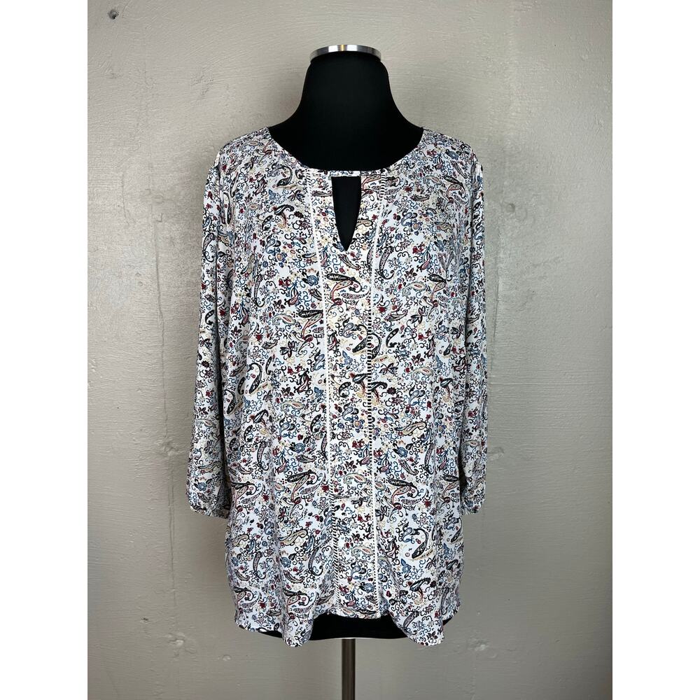 COLLECTIVE CONCEPTS Women Paisley Lattice Keyhole TOP 3/4 Sleeve Size 2X